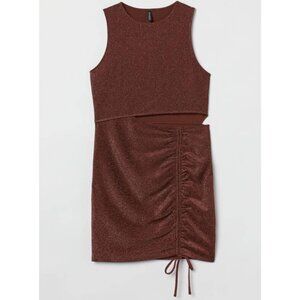 H&M Women's Sleeveless Brown Shimmer Cut-Out Dress With Ruched Detail Size 4X